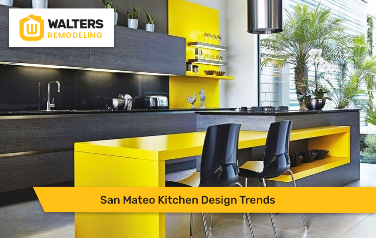 Modern colorful kitchen with a spacious island, built-in storage, and ergonomic design