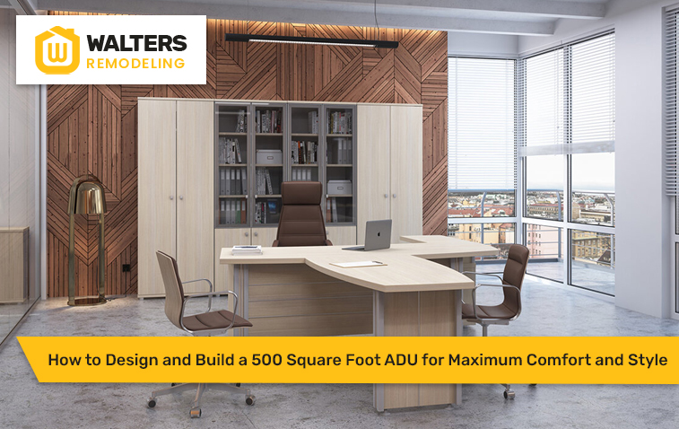 Efficient office space design in a 500 sq ft ADU with multi-functional furniture and optimal layout.
